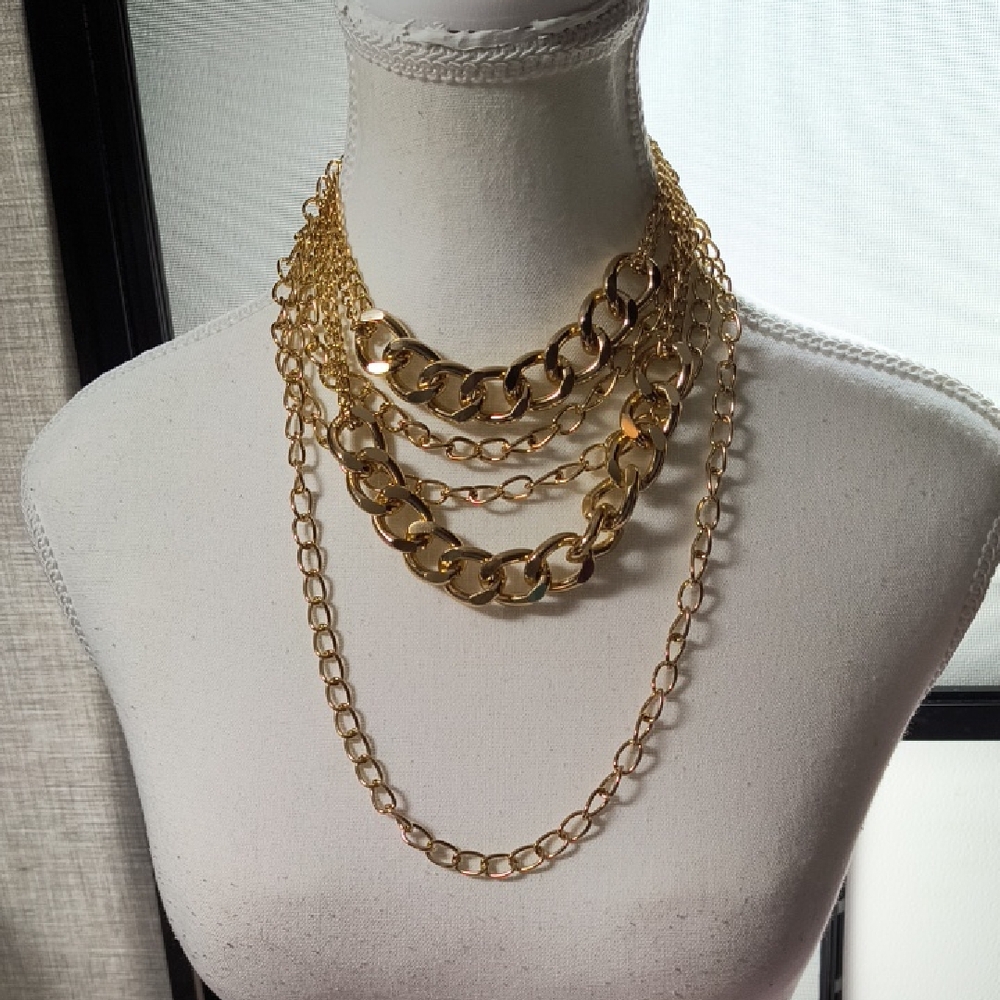 Elegant Multi-Chain Gold Layered Necklace, Long Extender, NWOT